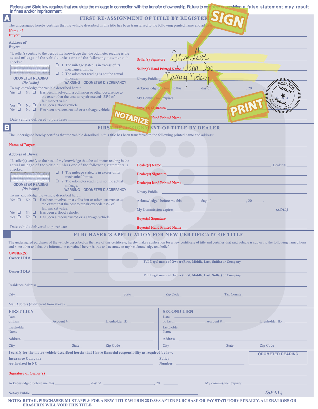 North Carolina Title Processing Information